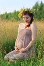 Beautiful pregnant woman in wreath sits in dry field an Royalty Free Stock Photo