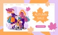 Beautiful pregnant woman and young mother with baby are shopping ay the autumn sale. Concept of website, landing page design templ