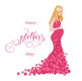 Beautiful pregnant women in flowery dress. Mothers Day greeting card with lettering. Spring holidays Royalty Free Stock Photo