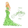 Beautiful pregnant women in flowery dress. Mothers Day greeting card with lettering Royalty Free Stock Photo