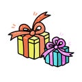 Beautiful present blue and yellow boxes with red bow. Vector illustration. Christmas gift box. Royalty Free Stock Photo