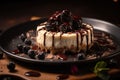 beautiful presentation of cheesecake with drizzle of warm chocolate sauce and sprinkle of mini chocolate chips