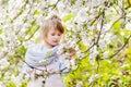 Beautiful preteen girl with long blond hair enjoy spring apple blooming. Little preschool girl in garden tree flowers. Royalty Free Stock Photo