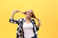 Beautiful pretty charming young blonde woman smiling happily, having fun indoors, playing with long straight hair Royalty Free Stock Photo