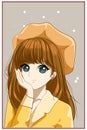 Beautiful and pretty girl brown long hair with yellow hat cartoon illustration