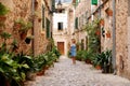 Beautiful pretty woman walking at old town pavement street with flowers and looking away. Travel concept Royalty Free Stock Photo