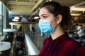 Beautiful pretty worried caucasian young woman wearing protective surgical face mask