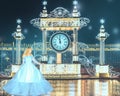 Beautiful princess in blue long dress runs away from the queens ball when the clock is struck 12pm. Art processing Royalty Free Stock Photo