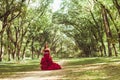 Princess with crown in cloudy red dress