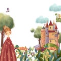 Beautiful princess with fantasy flowers, dragon and castle