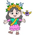 A beautiful princess with a flower crown, a girl playing with birds in the wild, doodle icon image kawaii