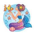 Beautiful princess with golden fish. Sweet mermaid in sea. Funny fairy. Isolated image on white background. Vector illustration