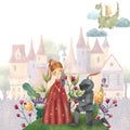Beautiful princess with knight, fantasy flowers, dragon and castle. Royalty Free Stock Photo