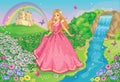 Beautiful Princess. Cute fairy. Fairytale background with flower meadow or park, castle, rainbow. Wonderland. Vector landscape.