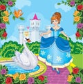 Beautiful Princess with swan. Cute fairy. Fairytale background with flower meadow, castle. Blossoming garden. Wonderland.Vector.