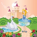 Beautiful Princess with swan. Cute fairy. Fairytale background with flower meadow, castle. Blossoming garden. Wonderland.Vector.