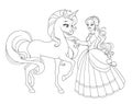Beautiful princess with unicorn. Vector coloring illustration. Royalty Free Stock Photo