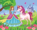 Beautiful Princess with white unicorn. Cute fairy. Fairytale background with flower meadow, castle, rainbow. Wonderland. Vector. Royalty Free Stock Photo