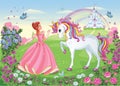 Beautiful Princess with white unicorn. Cute fairy. Fairytale background with flower meadow, castle, rainbow. Wonderland. Vector.