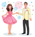 A beautiful Princess and a young man. Dance at the prom. Isolated cartoon illustration. School ball or carnival. Group of friends.