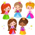 Beautiful princesses with pretty dresses and tiaras. Little cute fairy tale girls with colorful outfits. Vector illustration set Royalty Free Stock Photo
