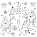 Beautiful princesses in a winter landscape in the snow with a castle and a snowman. Vector black and white coloring page.