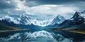 Beautiful pristine mountain landscape reflected in a still lake. Mirror reflection of national park scenery and sky. Royalty Free Stock Photo