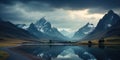 Beautiful pristine mountain landscape reflected in a still lake. Mirror reflection of national park scenery and sky. Royalty Free Stock Photo