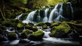 Beautiful pristine waterfall with mossy rocks and sunlight