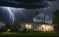 A beautiful private house with lightning sparkling against the background