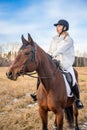 Beautiful professional female jockey riding a horse in field in winter Royalty Free Stock Photo