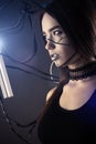Beautiful profile face robot girl in style cyberpunk with wires Royalty Free Stock Photo