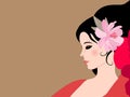 Beautiful profile woman face close up. Pink cosmos flower decorated her hair. Flamenco dancer. Business card. Space for text