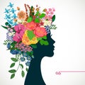 Beautiful profile young woman with tropicl flowers in heir hair. Vector illustration greeting card beauty and fashion