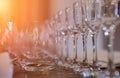 Beautiful with the prospect of a row of wine glasses on a wooden table Royalty Free Stock Photo