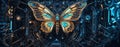 Beautiful prototype of artificial cyberpunk golden monarch butterfly with black and cyan details in hybernation chamber of