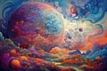 Beautiful psychedelic painting of fantastic planet with colordul clouds. Generative AI