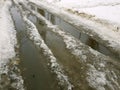 Beautiful puddles with ice crust, snow and reflection in winter or spring