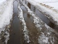 Beautiful puddles with ice crust, snow and reflection in winter or spring