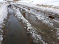 Beautiful puddles with ice crust, snow and reflection in winter or spring