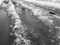 Beautiful puddles with ice crust, snow and reflection in winter or spring