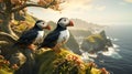 A beautiful puffin pair perching on a branch looking at camera