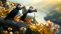 A beautiful puffin pair perching on a branch looking at camera