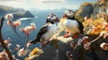 A beautiful puffin pair perching on a branch looking at camera