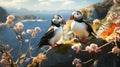 A beautiful puffin pair perching on a branch looking at camera