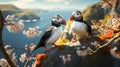 A beautiful puffin pair perching on a branch looking at camera