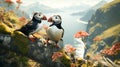 A beautiful puffin pair perching on a branch looking at camera