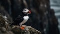 A beautiful puffin perched on a cliff, looking out to sea generated by AI
