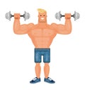 Beautiful pumped up bodybuilder man doing exercises with dumbbells and smiling, flat vector Royalty Free Stock Photo