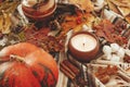 Beautiful pumpkin, candle light, fall leaves, berries, nuts, aco